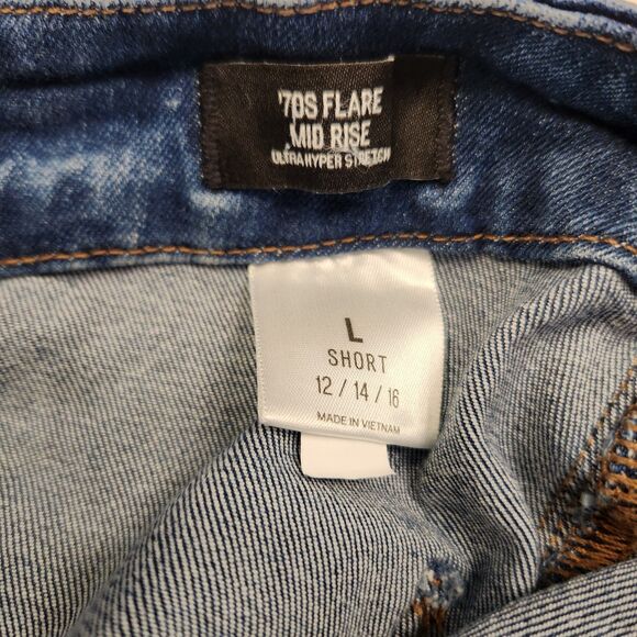 Express 70's Flare Mid Rise Jeans Stretch Denim Retro Size L Short (12/14/16) - Picture 4 of 5